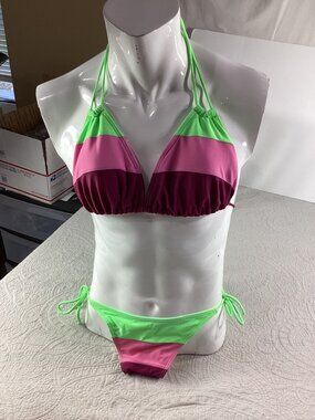 Jamaican Style Color block 2 pc Bikini* Halter*Tie Side*Swimsuit*Swimwear*L*NWOT